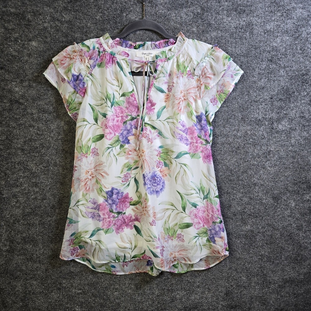 Haver and Blair Top Women S Pink Purple Watercolor Floral Gauze Flutter Sleeve